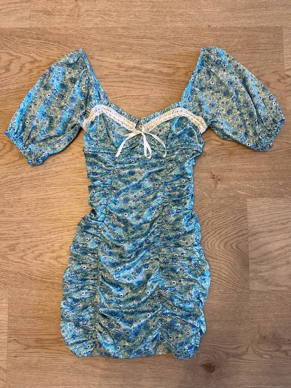 For Love & Lemons Blue Floral Ruched Satin Mini Dress